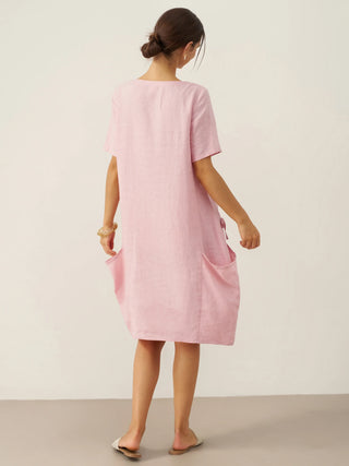 100% Linen Round Neck Patch Pocket Midi Dress XENA - Glamourous Grace