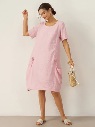 100% Linen Round Neck Patch Pocket Midi Dress XENA - Glamourous Grace