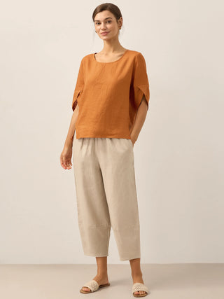 100% Linen Round Neck Petal-Sleeve Pullover LAUREL - Glamourous Grace