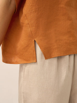 100% Linen Round Neck Petal-Sleeve Pullover LAUREL - Glamourous Grace