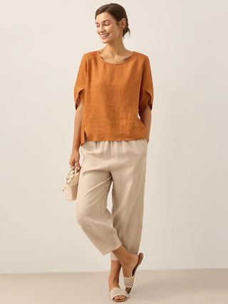 100% Linen Round Neck Petal-Sleeve Pullover LAUREL - Glamourous Grace
