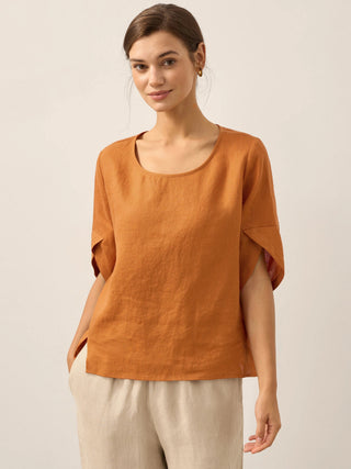100% Linen Round Neck Petal-Sleeve Pullover LAUREL - Glamourous Grace