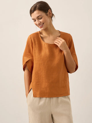 100% Linen Round Neck Petal-Sleeve Pullover LAUREL - Glamourous Grace