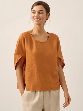 100% Linen Round Neck Petal-Sleeve Pullover LAUREL - Glamourous Grace