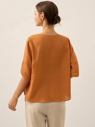 100% Linen Round Neck Petal-Sleeve Pullover LAUREL - Glamourous Grace