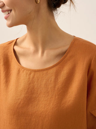 100% Linen Round Neck Petal-Sleeve Pullover LAUREL - Glamourous Grace