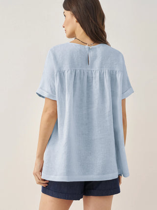 100% Linen Round Neck Pleated Pullover Top QUINLAN - Glamourous Grace