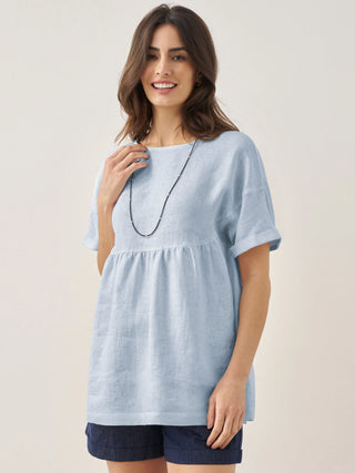 100% Linen Round Neck Pleated Pullover Top QUINLAN - Glamourous Grace