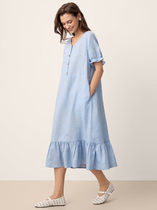 100% Linen Ruffle-Trim Belted Midi Dress LIVARA - Glamourous Grace