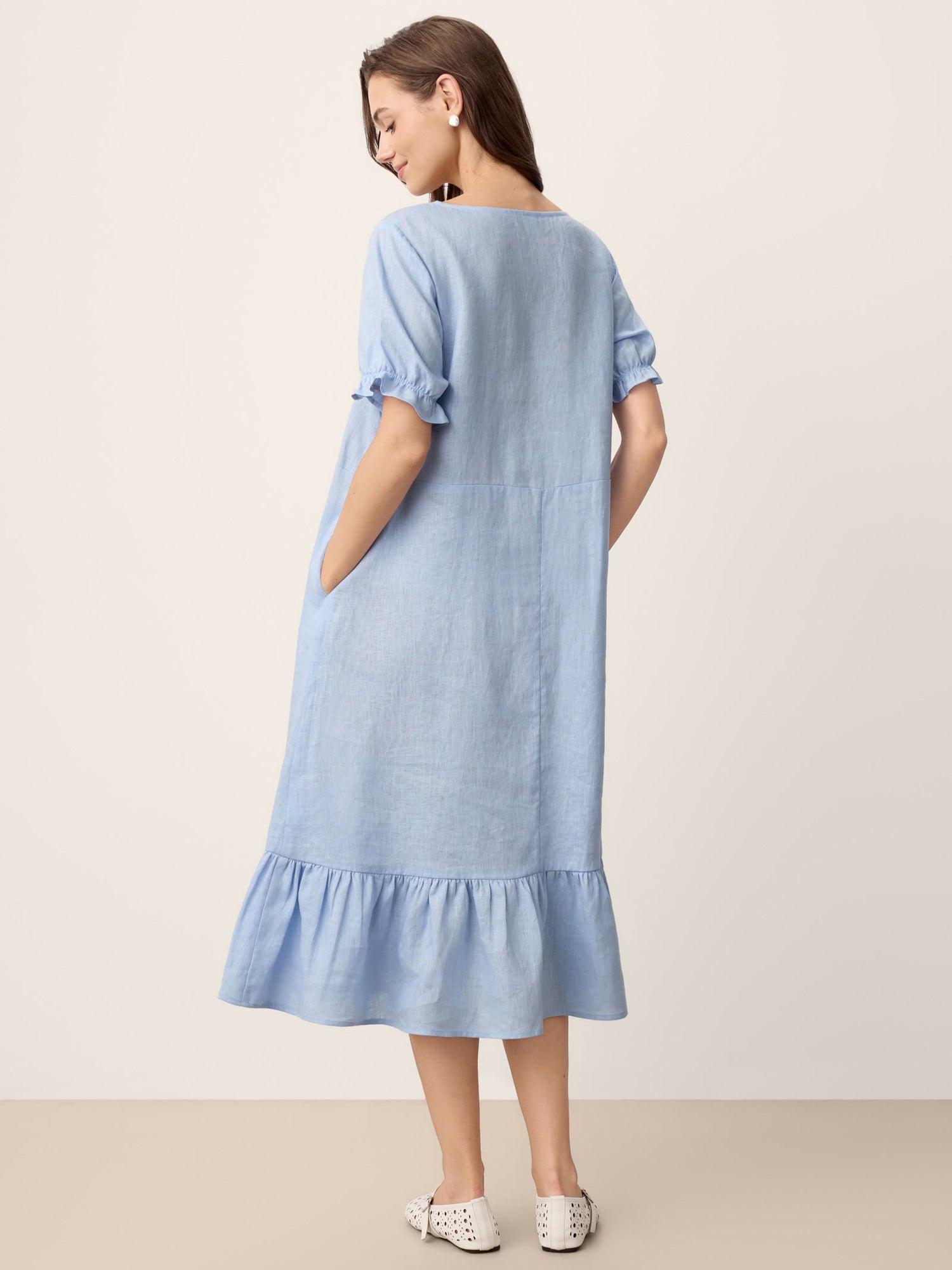 100% Linen Ruffle-Trim Belted Midi Dress LIVARA - Glamourous Grace
