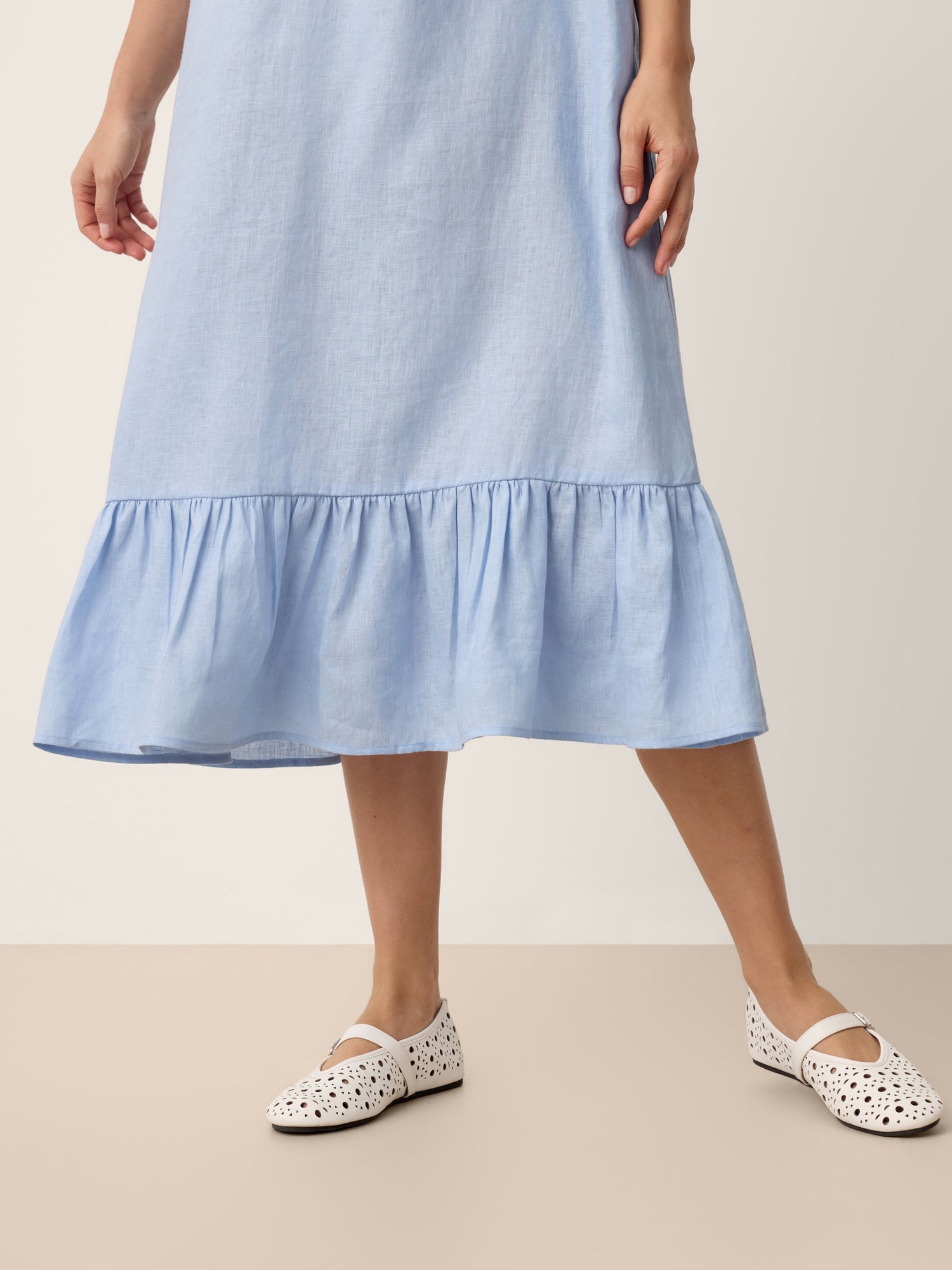 100% Linen Ruffle-Trim Belted Midi Dress LIVARA - Glamourous Grace