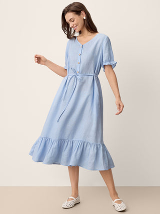 100% Linen Ruffle-Trim Belted Midi Dress LIVARA - Glamourous Grace