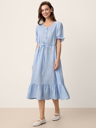 100% Linen Ruffle-Trim Belted Midi Dress LIVARA - Glamourous Grace