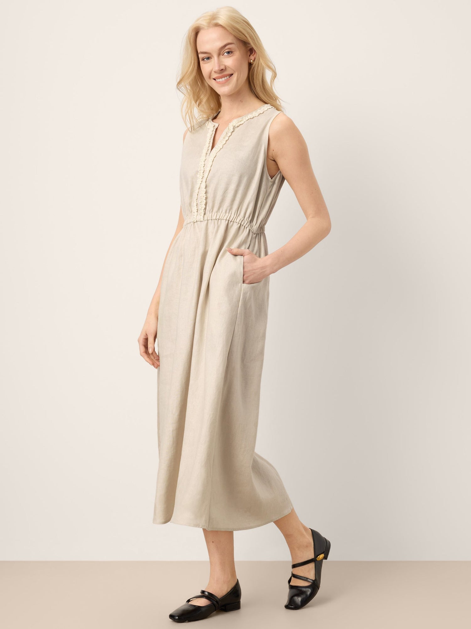 100% Linen Ruffle Trim Elasticated Waist Sleeveless Midi Dress LUCINDA - Glamourous Grace