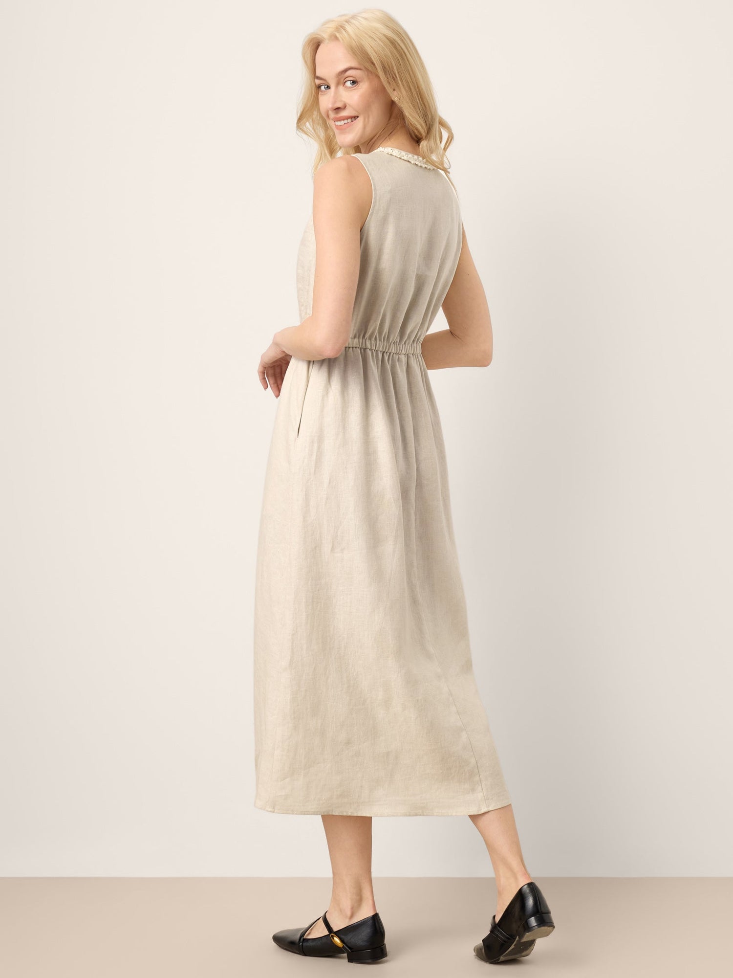 100% Linen Ruffle Trim Elasticated Waist Sleeveless Midi Dress LUCINDA - Glamourous Grace