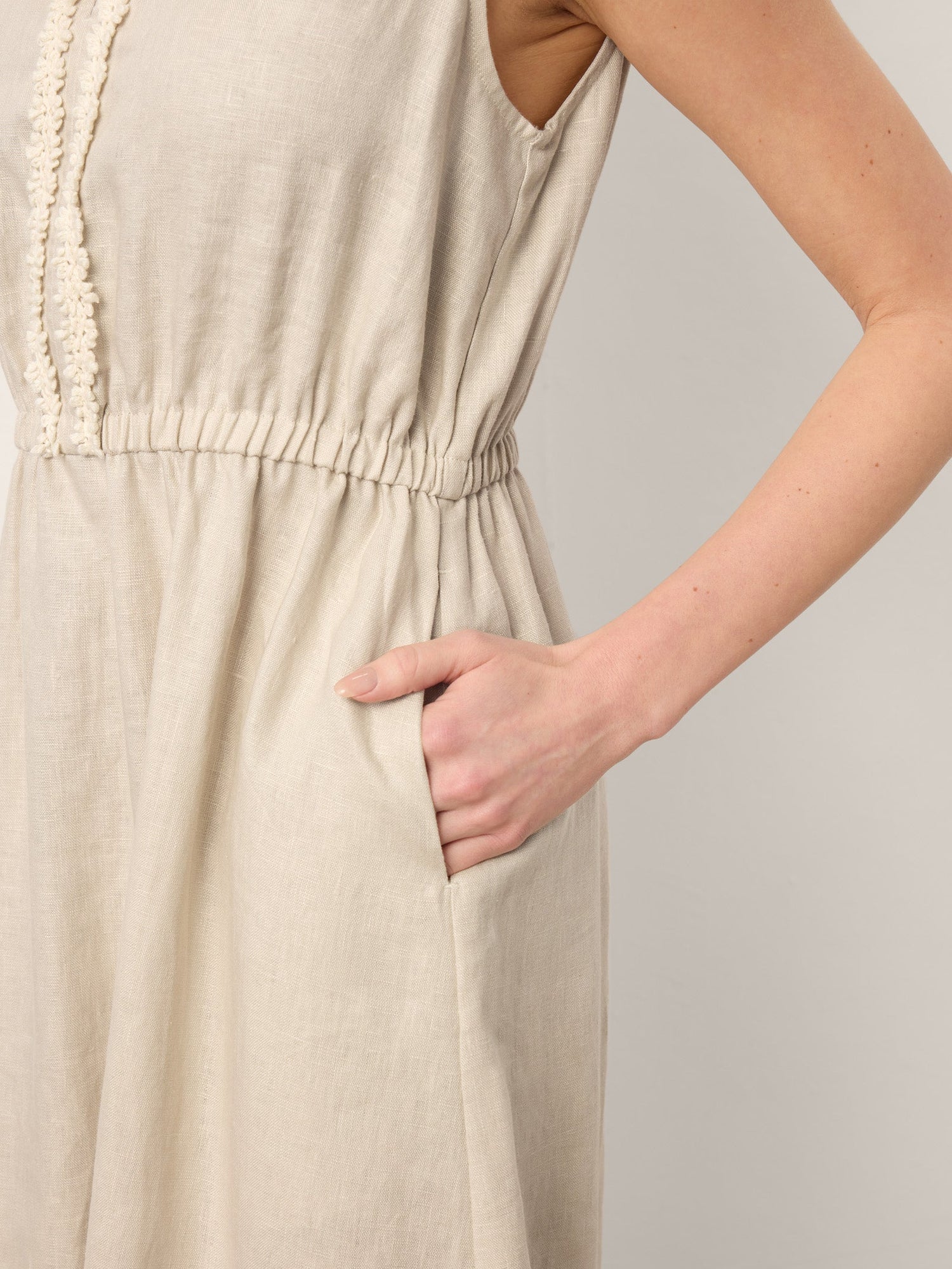 100% Linen Ruffle Trim Elasticated Waist Sleeveless Midi Dress LUCINDA - Glamourous Grace