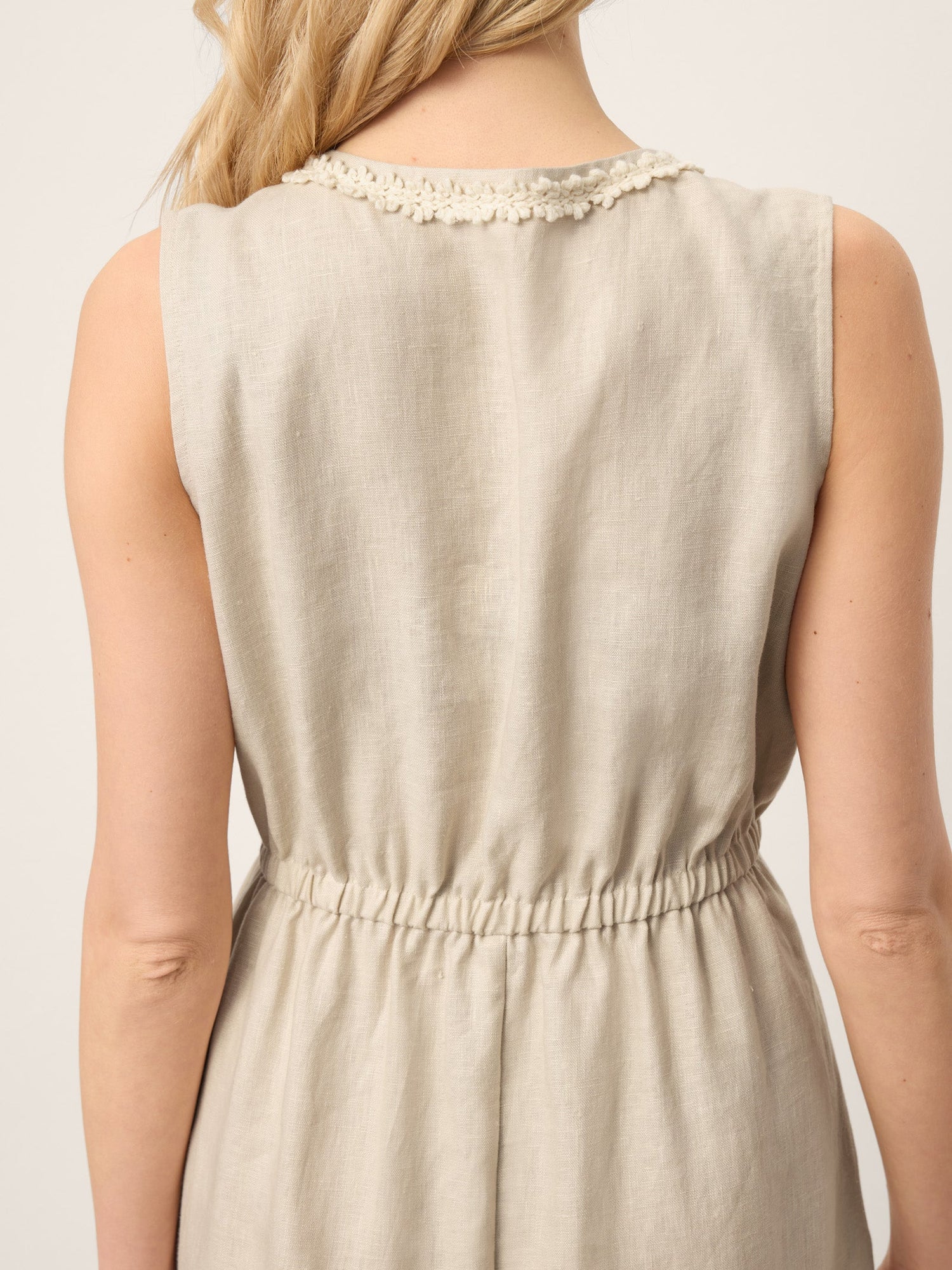 100% Linen Ruffle Trim Elasticated Waist Sleeveless Midi Dress LUCINDA - Glamourous Grace
