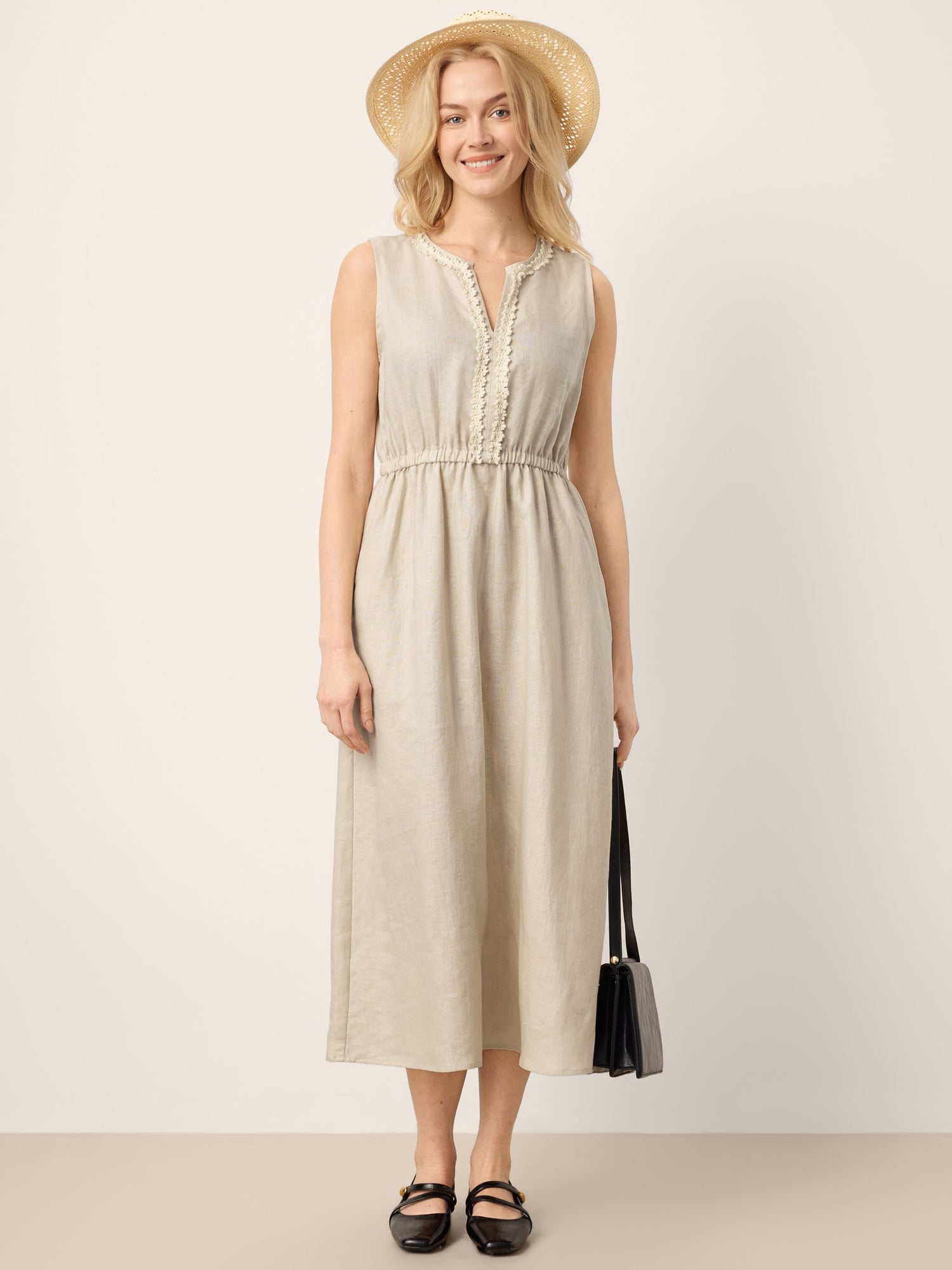 100% Linen Ruffle Trim Elasticated Waist Sleeveless Midi Dress LUCINDA - Glamourous Grace