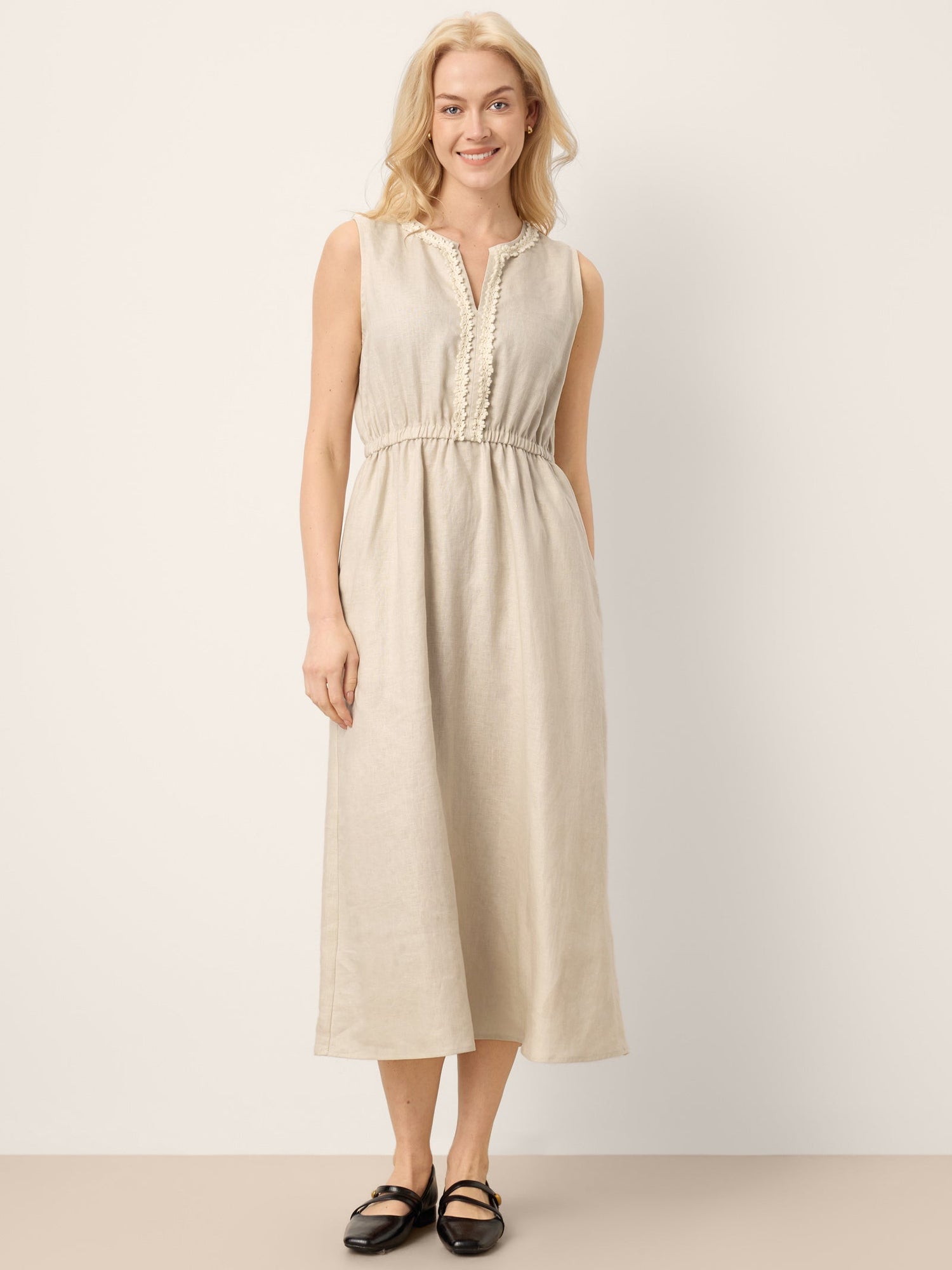 100% Linen Ruffle Trim Elasticated Waist Sleeveless Midi Dress LUCINDA - Glamourous Grace