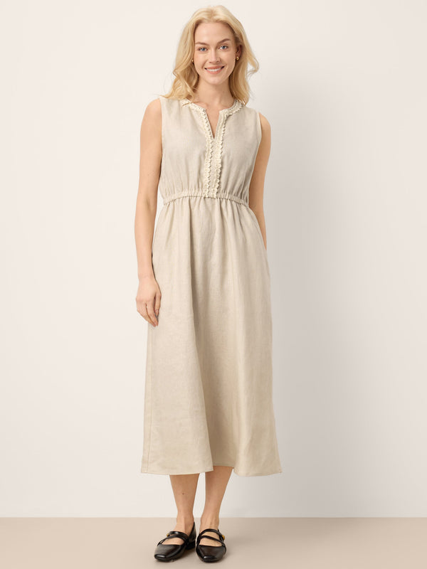 100% Linen Ruffle Trim Elasticated Waist Sleeveless Midi Dress LUCINDA - Glamourous Grace