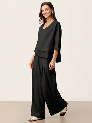 100% Linen Sculpted Pleat Elasticated Back Relaxed Pants VERIDIANA