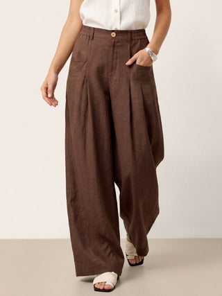 100% Linen Sculpted Pleat Elasticated Back Relaxed Pants VERIDIANA - Glamourous Grace