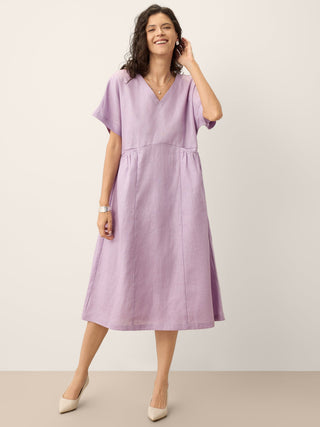 100% Linen Sculpted Waist Batwing Midi Dress TIVIA - Glamourous Grace