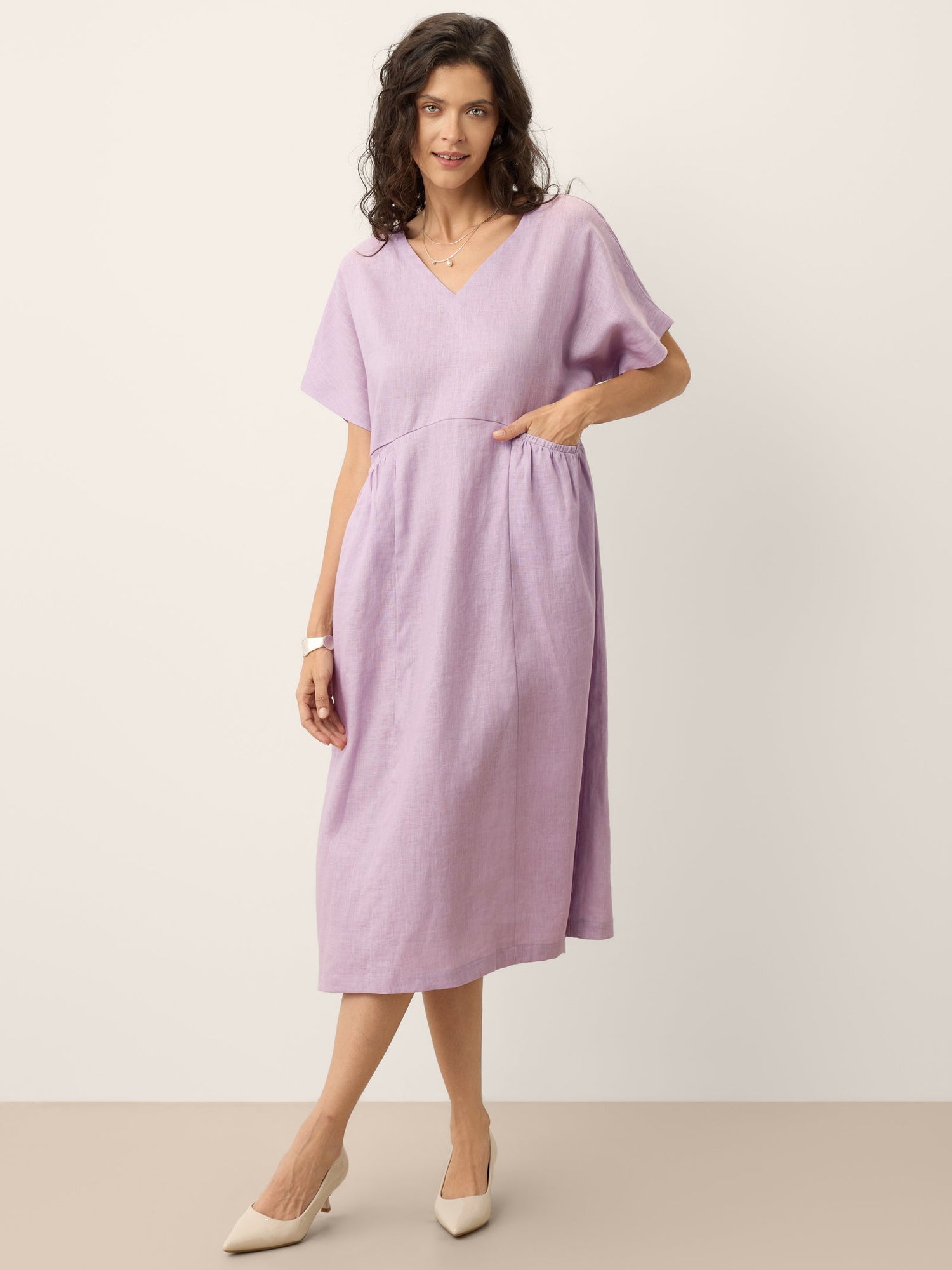100% Linen Sculpted Waist Batwing Midi Dress TIVIA - Glamourous Grace