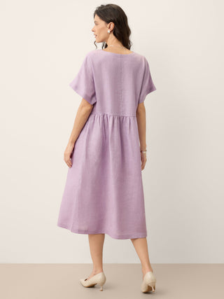 100% Linen Sculpted Waist Batwing Midi Dress TIVIA - Glamourous Grace