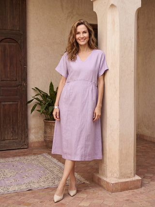 100% Linen Sculpted Waist Batwing Midi Dress TIVIA - Glamourous Grace