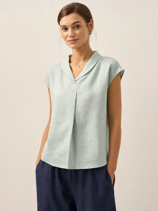 100% Linen Shawl V-Neck Cap Sleeves Top ELARA - Glamourous Grace