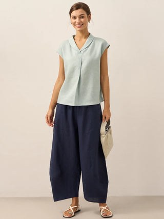 100% Linen Shawl V-Neck Cap Sleeves Top ELARA - Glamourous Grace