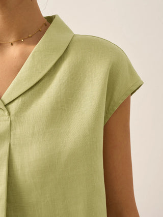 LINTICO 100% linen V-neck shawl top with cap sleeves in sage green, featuring a relaxed, lightweight blouse style.