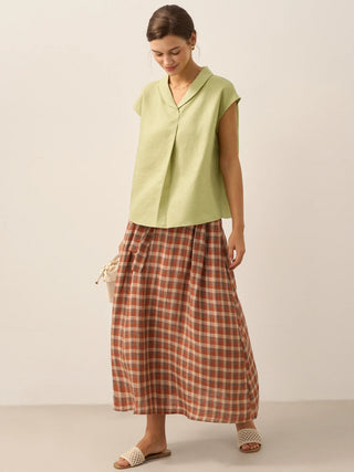 100% Linen Shawl V-Neck Cap Sleeves Top ELARA - Glamourous Grace
