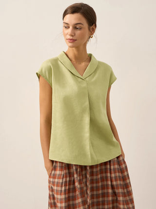 100% Linen Shawl V-Neck Cap Sleeves Top ELARA - Glamourous Grace