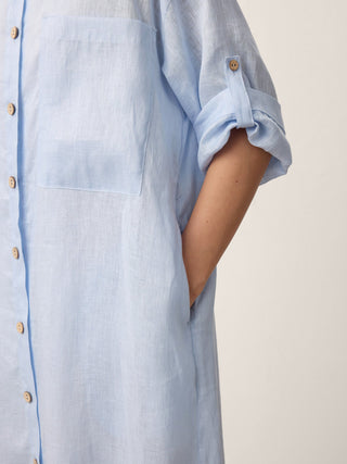 100% Linen Shirt-Collar Folded-Cuff Cocoon Maxi Shirt Dress MIREN