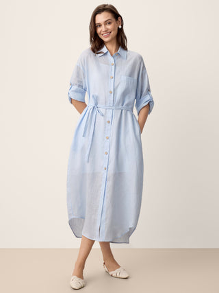 100% Linen Shirt-Collar Folded-Cuff Cocoon Maxi Shirt Dress MIREN