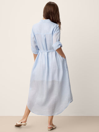 100% Linen Shirt-Collar Folded-Cuff Cocoon Maxi Shirt Dress MIREN