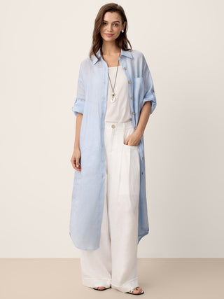 100% Linen Shirt-Collar Folded-Cuff Cocoon Maxi Shirt Dress MIREN