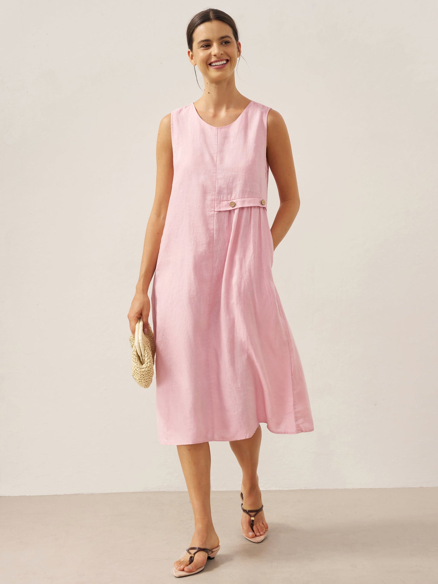 100% Linen Sleeveless Accordion Pleat Midi Dress TINA - Glamourous Grace