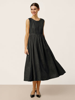 100% Linen Sleeveless Crew Neck Waist Pleated Maxi Dress SELENE - Glamourous Grace