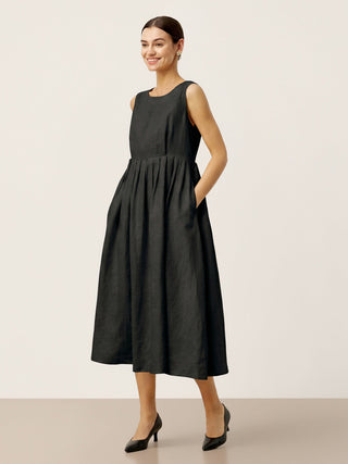 100% Linen Sleeveless Crew Neck Waist Pleated Maxi Dress SELENE - Glamourous Grace