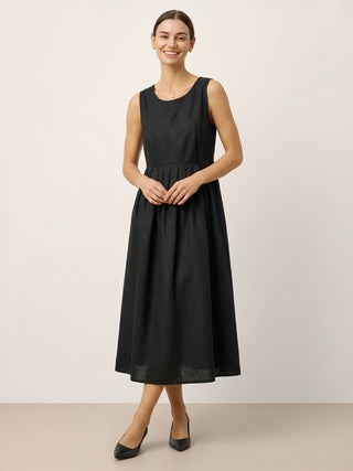 100% Linen Sleeveless Crew Neck Waist Pleated Maxi Dress SELENE - Glamourous Grace