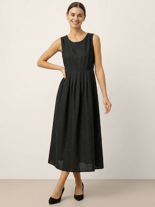 100% Linen Sleeveless Crew Neck Waist Pleated Maxi Dress SELENE - Glamourous Grace