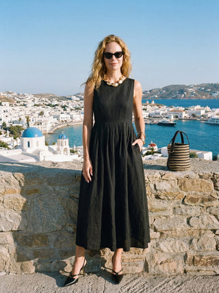 100% Linen Sleeveless Crew Neck Waist Pleated Maxi Dress SELENE - Glamourous Grace