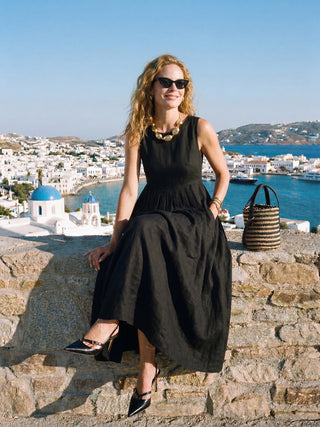 100% Linen Sleeveless Crew Neck Waist Pleated Maxi Dress SELENE - Glamourous Grace