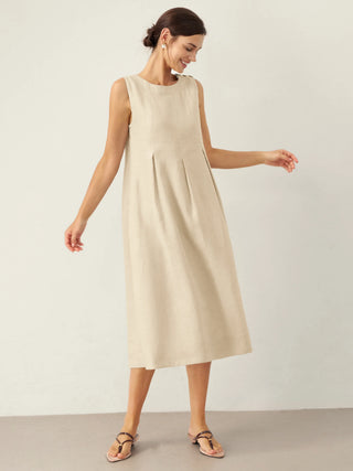 100% Linen Sleeveless Shoulder Button Midi Dress FREYA - Glamourous Grace