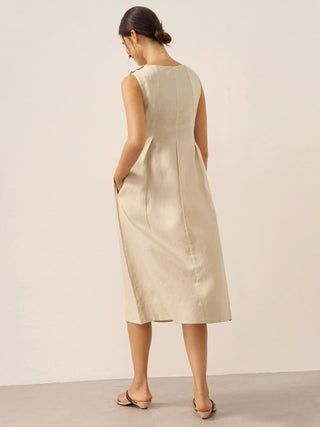 100% Linen Sleeveless Shoulder Button Midi Dress FREYA - Glamourous Grace