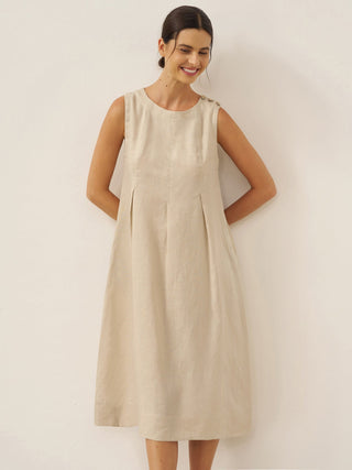 100% Linen Sleeveless Shoulder Button Midi Dress FREYA - Glamourous Grace