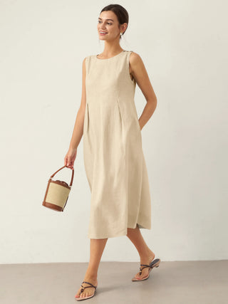 100% Linen Sleeveless Shoulder Button Midi Dress FREYA - Glamourous Grace